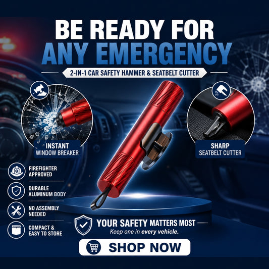 2In1 Car Safety Hammer Seatbelt Cutter Window Breaker, Durable, Red, No Assembly Needed, Firefighter Approved