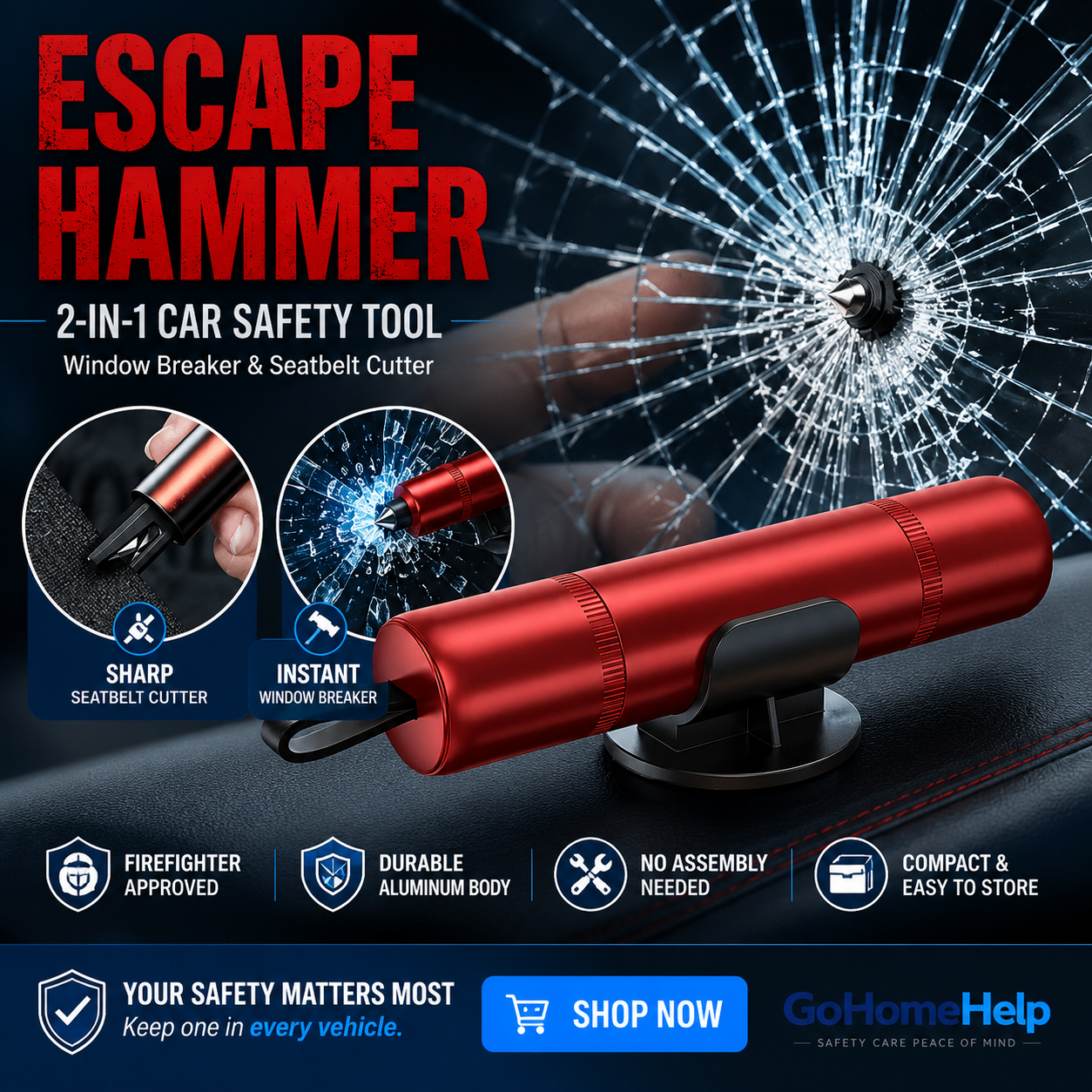 2In1 Car Safety Hammer Seatbelt Cutter Window Breaker, Durable, Red, No Assembly Needed, Firefighter Approved