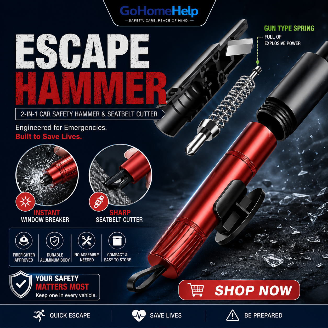 2In1 Car Safety Hammer Seatbelt Cutter Window Breaker, Durable, Red, No Assembly Needed, Firefighter Approved